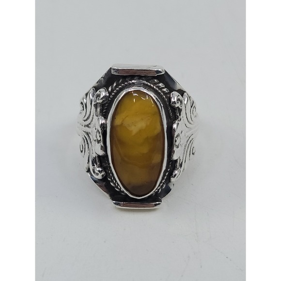 EG&G Jewelry - Vintage Sterling Silver Egg Yolk Butterscotch Amber Ring Size 9 Estate